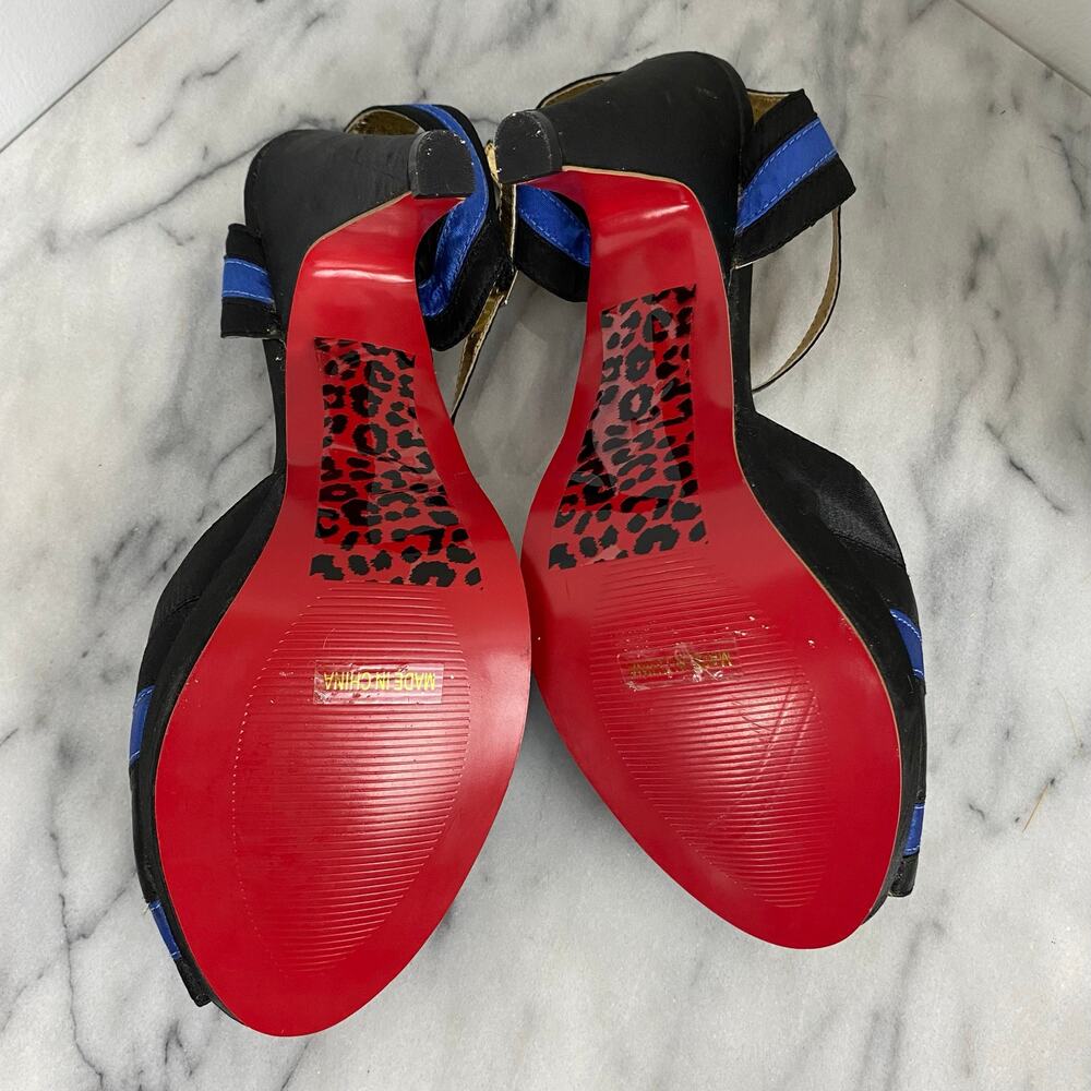 Bordello Giggle 02 Black Blue Satin T Strap Peep Toe Heel Pump Pinup Size 10 New - Picture 9 of 9